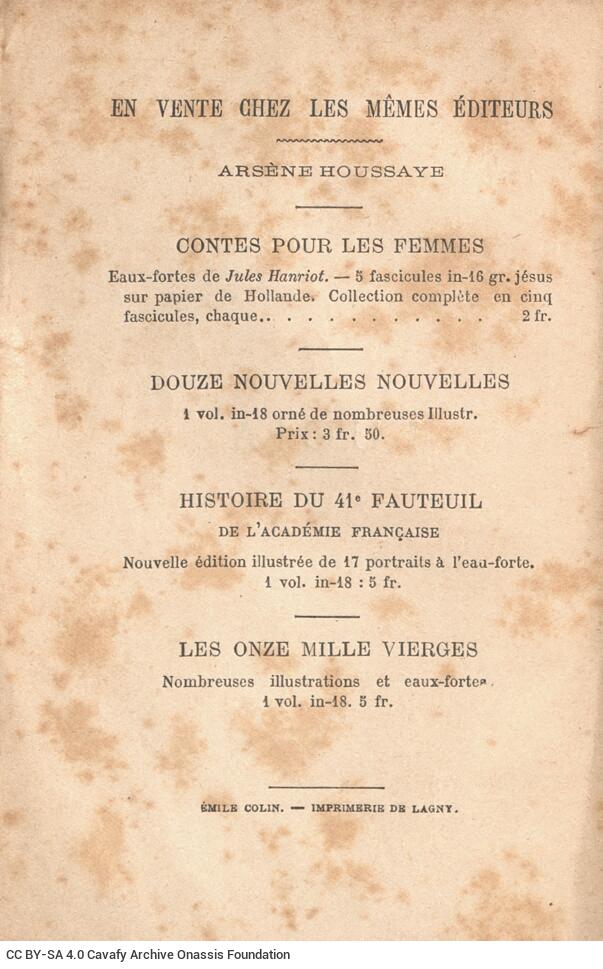 17 x 11 cm; 6 s.p. + 242 p. + 10 s.p., price of the book “60 centimes” on the front cover. L. 1 bookplate CPC on recto, d